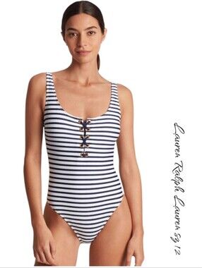 Lauren Ralph Lauren Navy White Stripe Lace Up One Piece Swimsuit 12 NWT